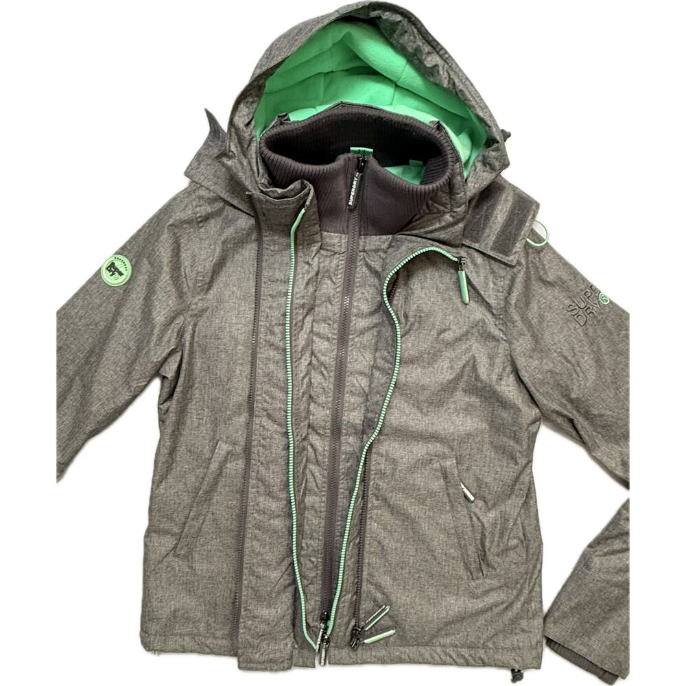 SUPERDRY US Sz 4 XS Windcheater Pop Zip Arctic SD Jacket Fleece Hood Gray Green